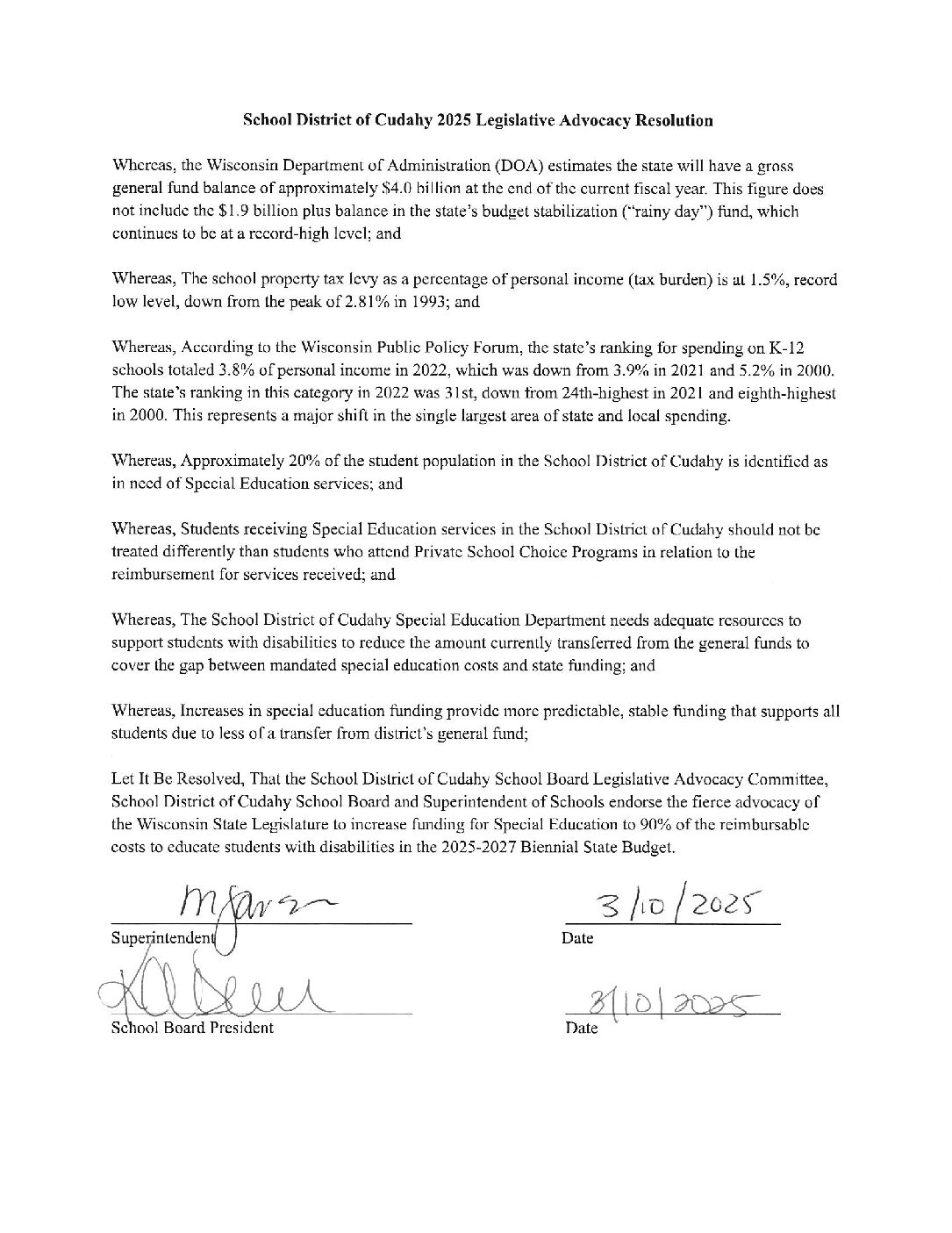 School District Of Cudahy 2025 Legislative Advocacy Resolution Signed ...